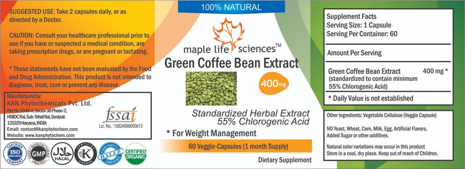 Green Coffee Bean Extract Capsules 55% Chlorogenic Acid Pure high quality CGA