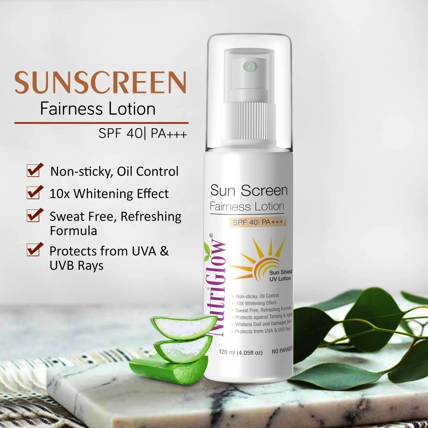 NutriGlow Sunscreen Body Lotion SPF 40 & PA+++, Non Greasy, Broad Spectrum 120ml
