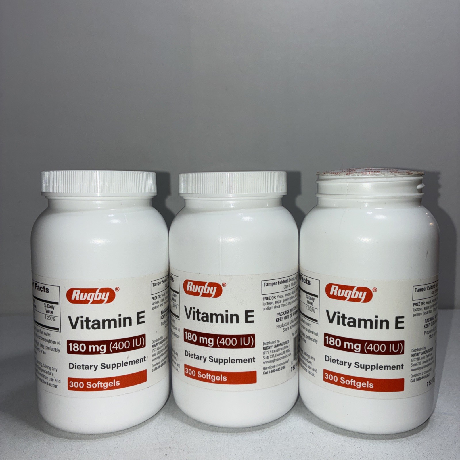 3 Rugby Vitamin E 180 Mg Antioxidant 300 Softgels Each Sealed One Missing Cap