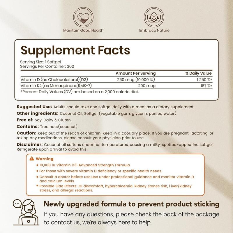VEV D3 K2 10000 IU | 300 Coconut Oil Softgels, 2-in-1 Vitamin