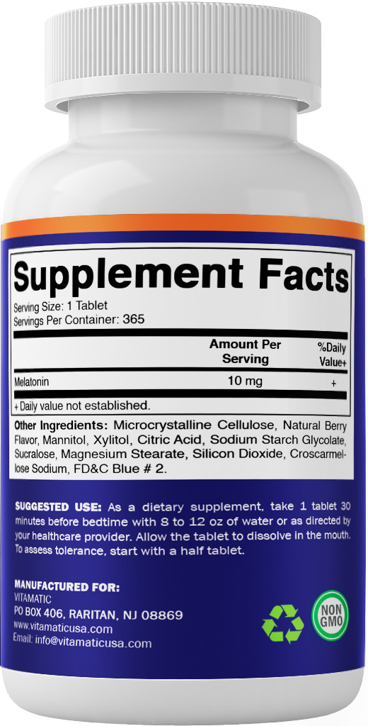 Vitamatic Melatonin 10 mg Tablets | Non-GMO, Gluten Free, 1 Year Supply – 2 Pack