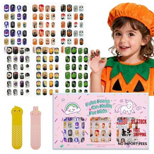 144Pcs Kids Press on Nails for Halloween Children Girls Press Halloween Style