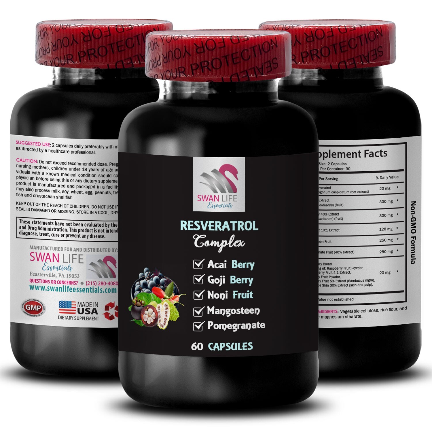 Acai Berry – RESVERATROL COMPLEX – Wellness synergy 3 Bottle 180 Capsules