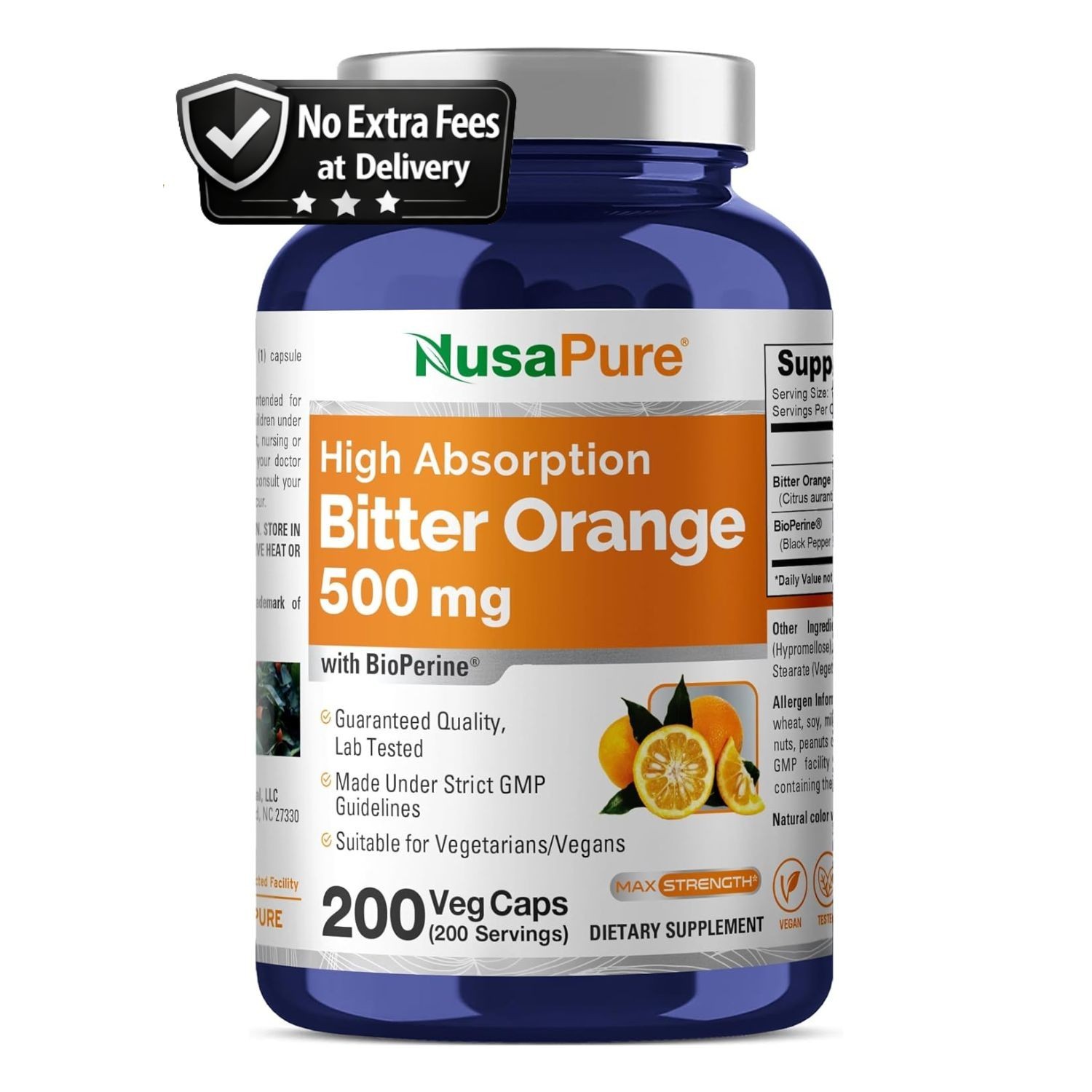 Suplemento de Naranja Amarga de Alta Absorción 500mg 200 Cápsulas 200 Porciones