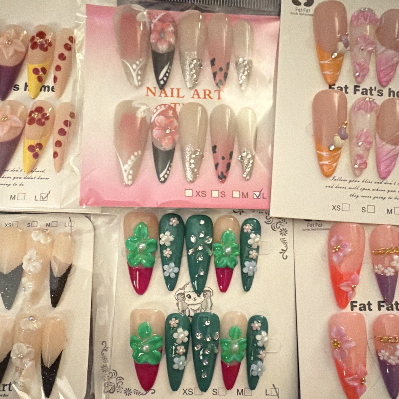 Press-On Nails Long Stiletto 3D Floral Multicolor Full Cover