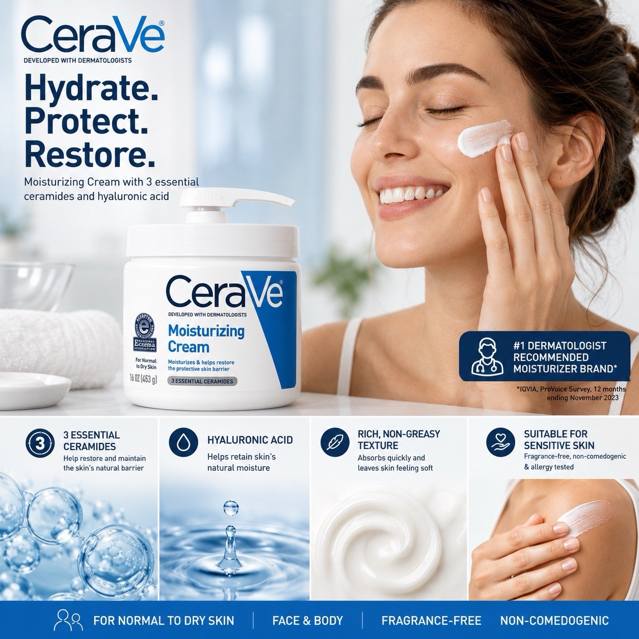 CeraVe Moisturizing Cream 16 oz Fragrance-Free Non-Comedogenic Face & Body