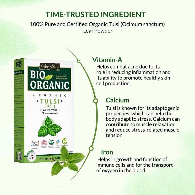Indus Valley 100% Organic Tulsi Leaf Powder 100g / 3.52 Oz (Stress Relieving)