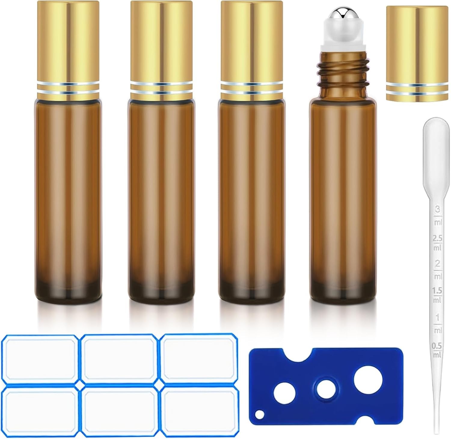 4 Pack Refillable Amber Glass Essential Oil Roller Bottles 10ml Leak-Proof