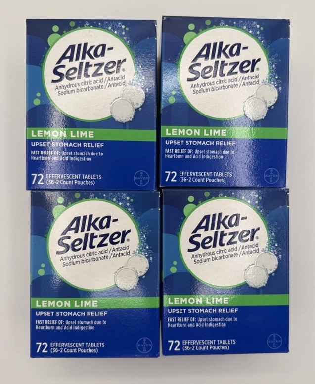 (4 Pack) Alka-Seltzer Heartburn Relief Lemon Lime Flavor Effervescent 72 Tablets