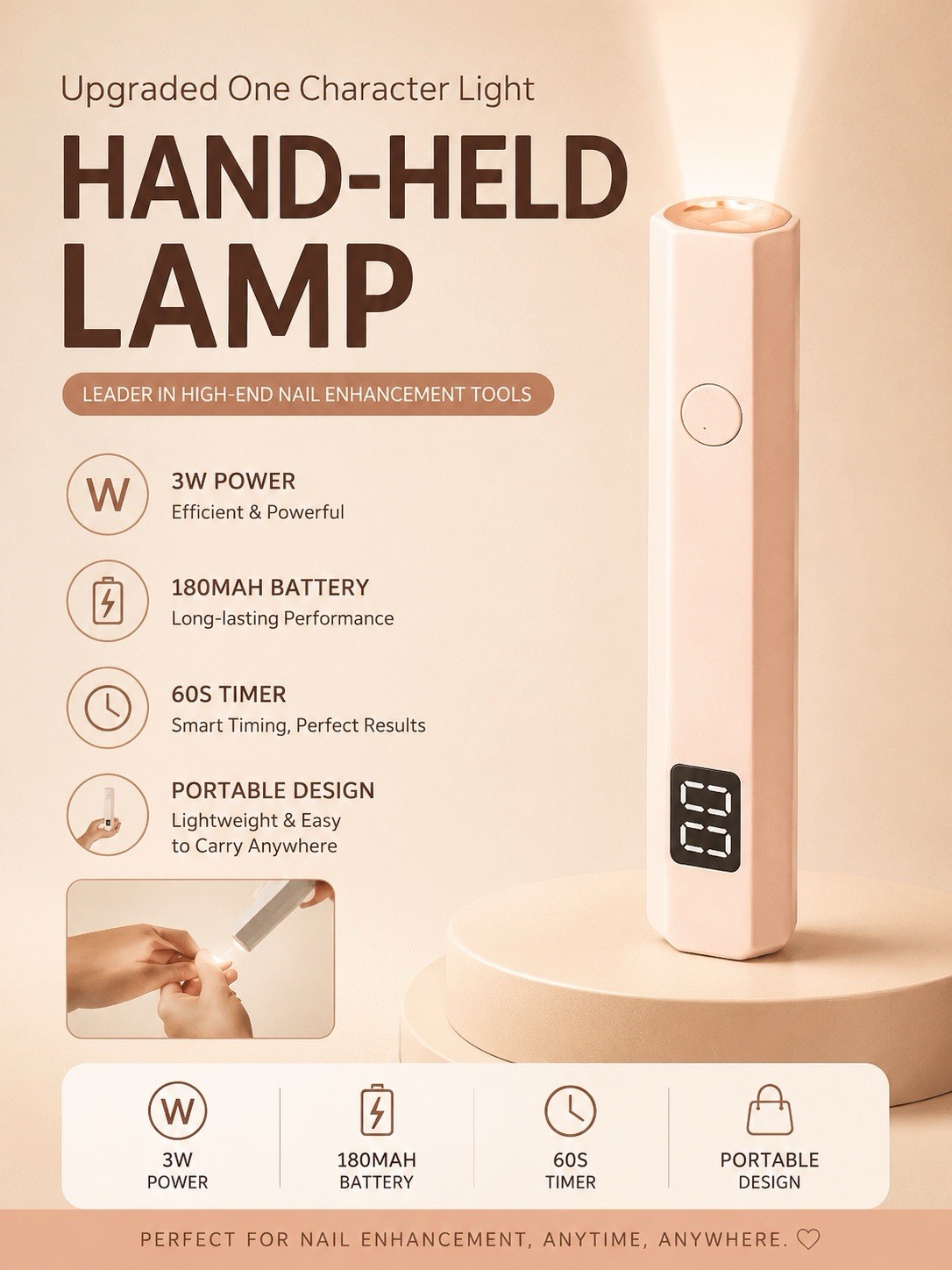 White Hand-Held Lamp Portable 3W Battery Powered 180mAh 60s Timer