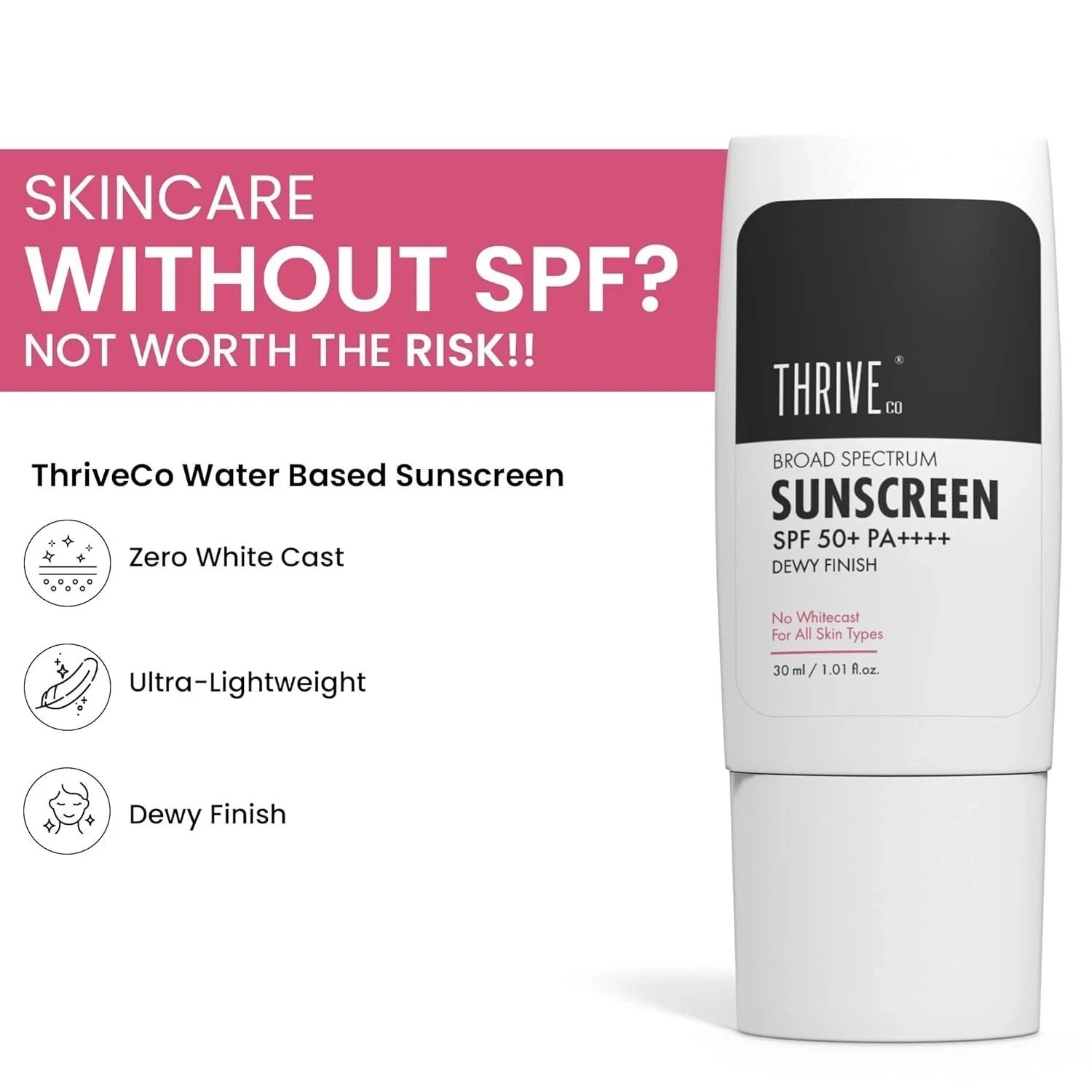 ThriveCo Water-based Sunscreen, Broad Spectrum & Spf 50 Pa++++, UV A & UVB 30ml