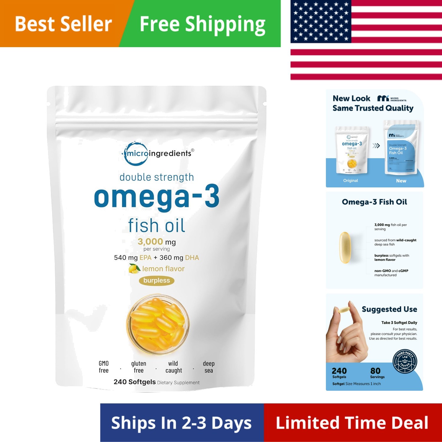 Omega 3 Fish Oil Supplements 3,000mg Per Serving, 240 Softgels | Lemon Flavor…