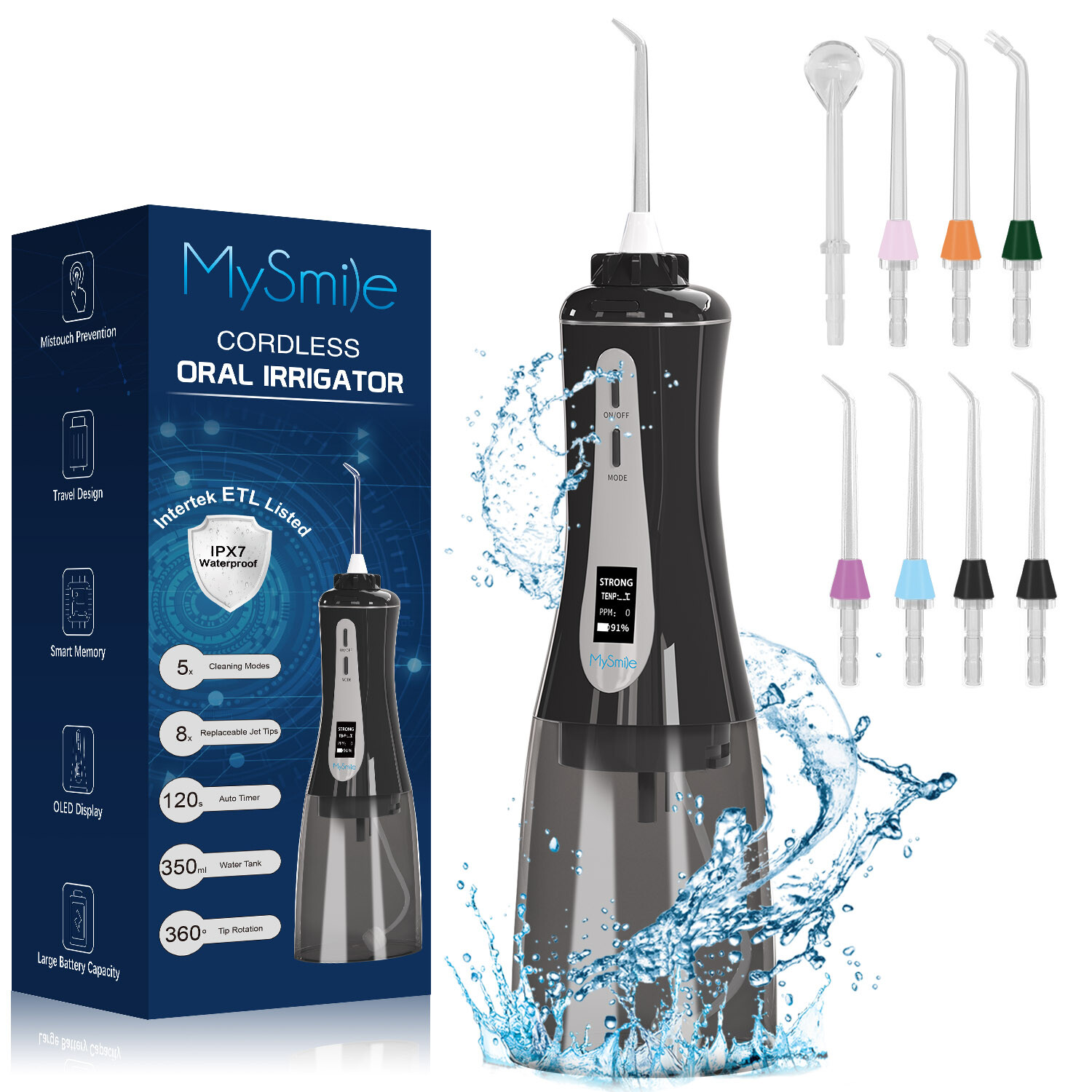 MySmile Cordless OLED Oral Irrigator Dental Water Flosser 8 Jet Tips 5 Model