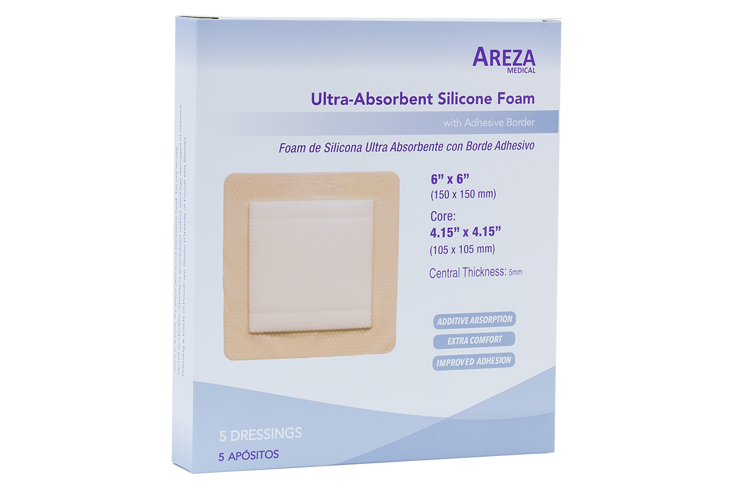 Ultra-Absorbent Silicone Foam with Adhesive Border – 6″ x 6″ (5 per Box)
