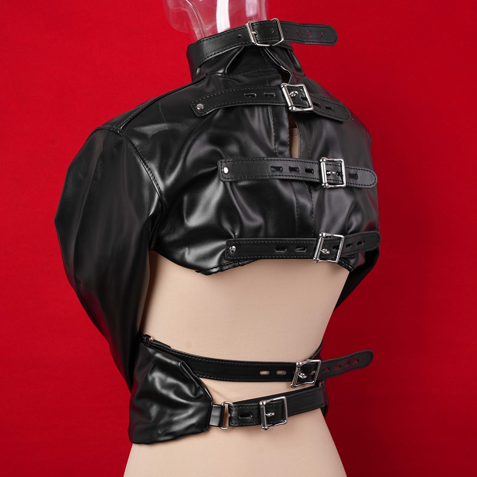 PU Leather Straight Jacket BDSM Bondage Harness Tight Adjustable Women Slave