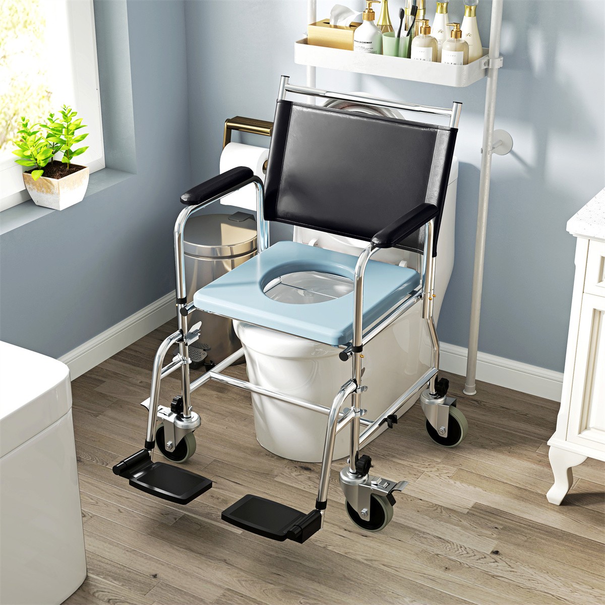Rolling Shower Chair Commode Wheelchair w/ Footrest, Black, 300 lbs