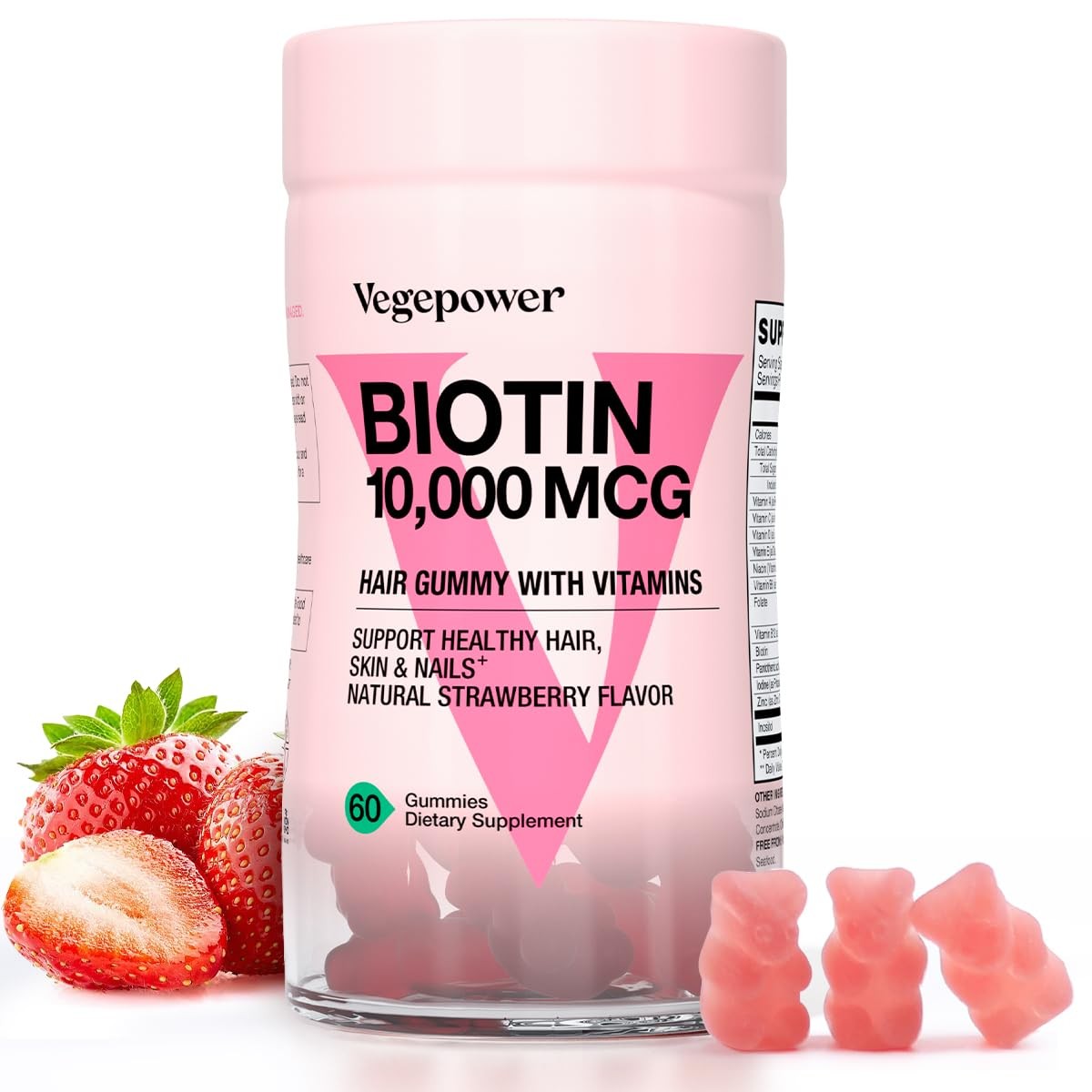 VEGEPOWER Biotin Gummies for Hair Growth 10000mcg 60 Count (Pack of 1), Pink