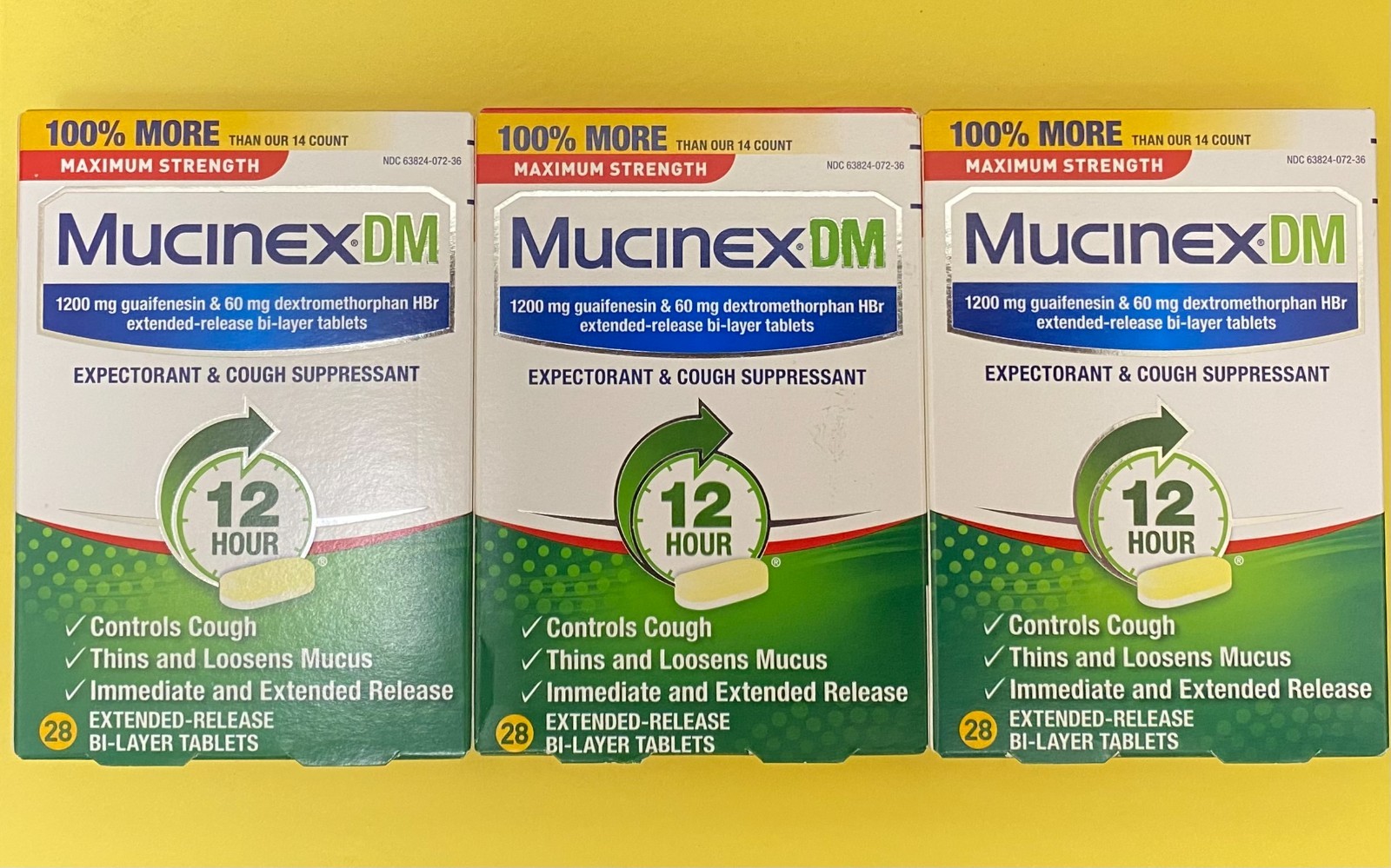 3 Pack Mucinex DM 12 Hour Cough Suppressant & Expectorant 28 Tablets Exp 07/2026