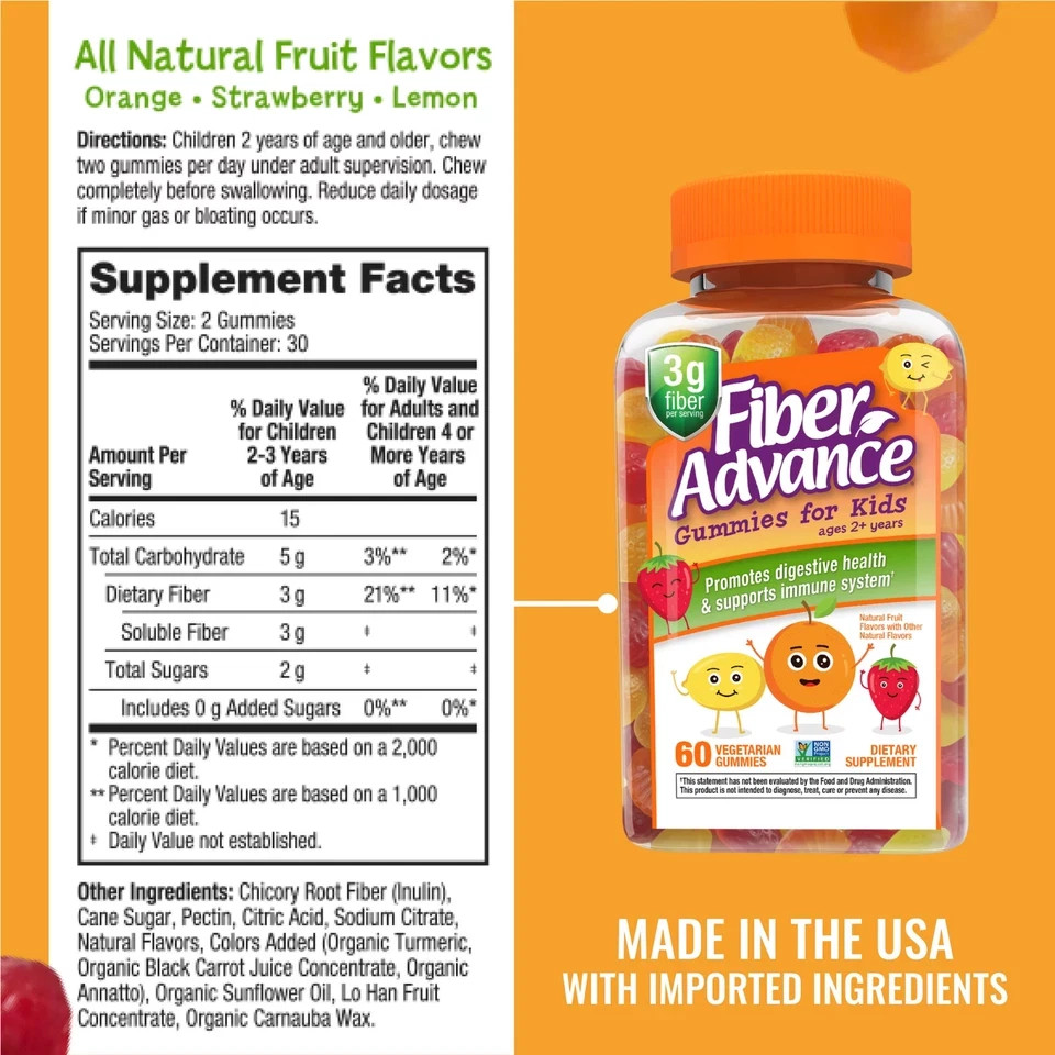 Fiber Advance Kids Digestive Health Fiber Supplement Gummies, Natural Fruit, 60