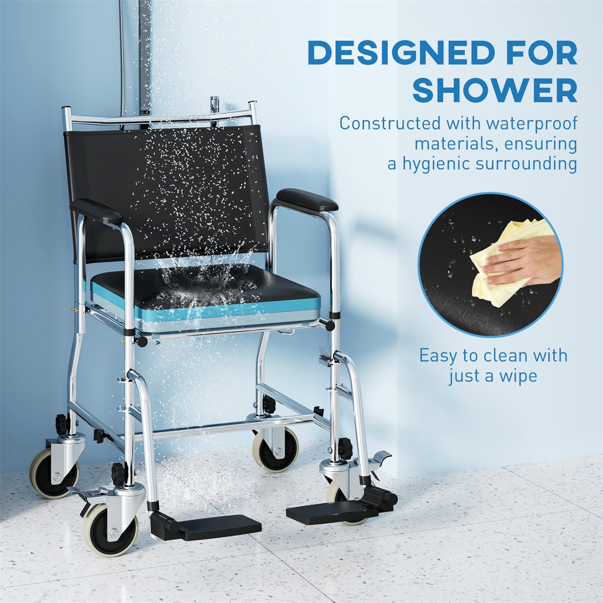 Rolling Shower Chair Commode Wheelchair w/ Footrest, Black, 300 lbs