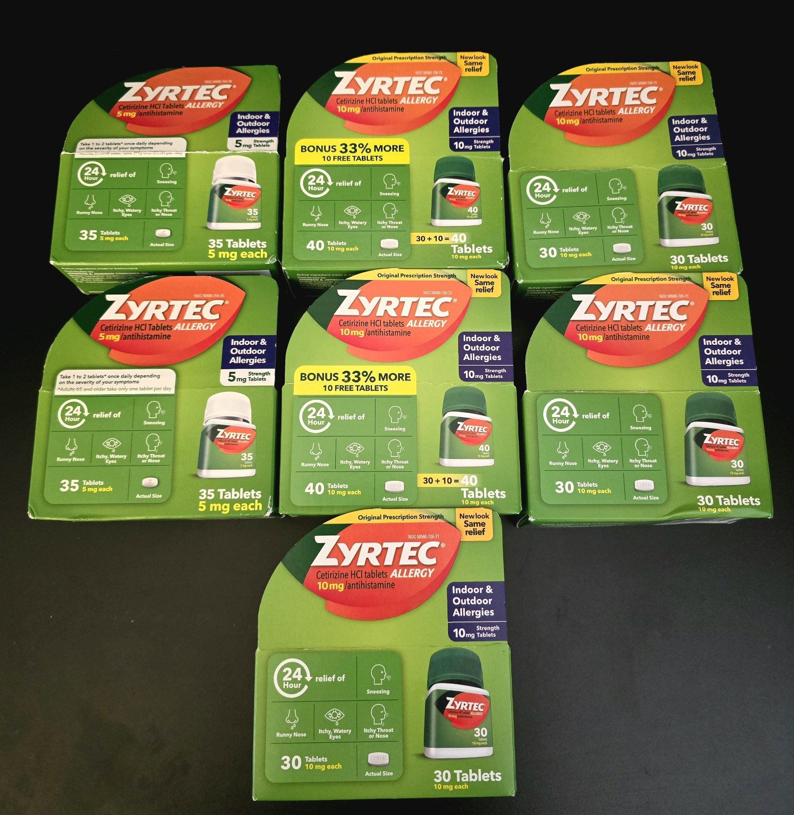 SEVEN (7) ZYRTEC. 40, 35, 30 CT Allergy 24Hour Relief Cetirizine HCI Exp 2027+