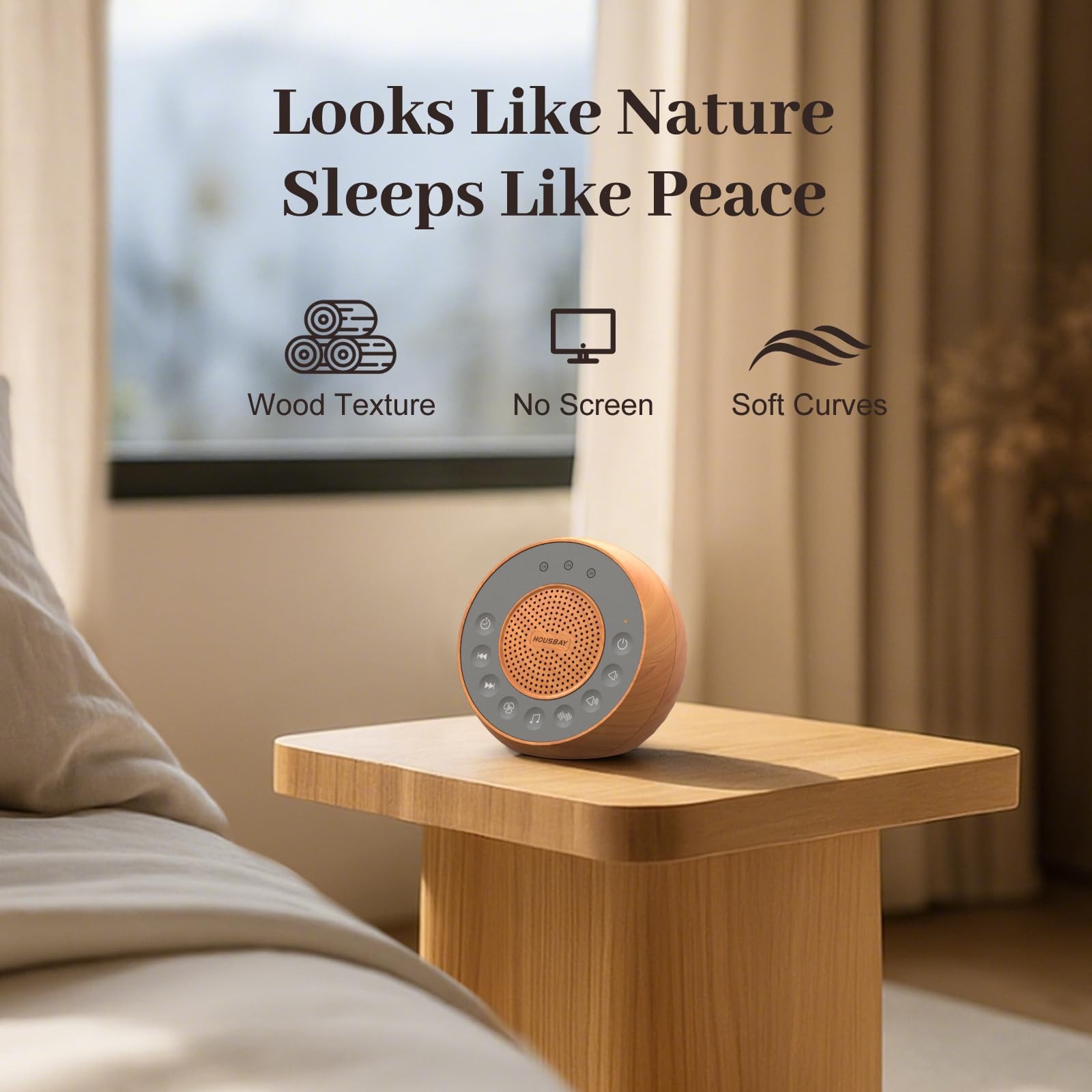 Housbay White Noise Machine with 31 Soothing Sounds, 5W Loud Stereo Oak, Oak