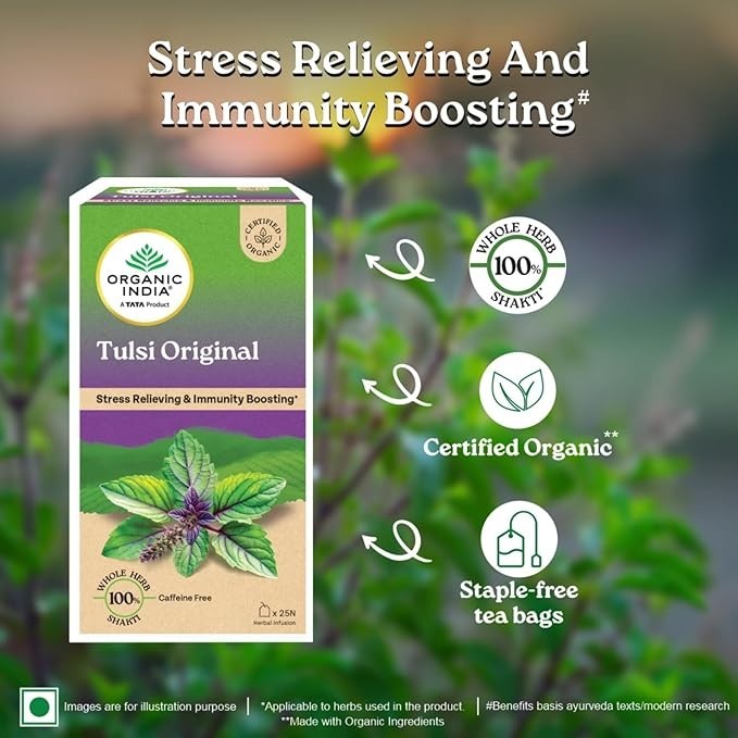 Organic India Tulsi Original 25 Tea Bags Caffeine-Free Herbal Tea Natural Detox