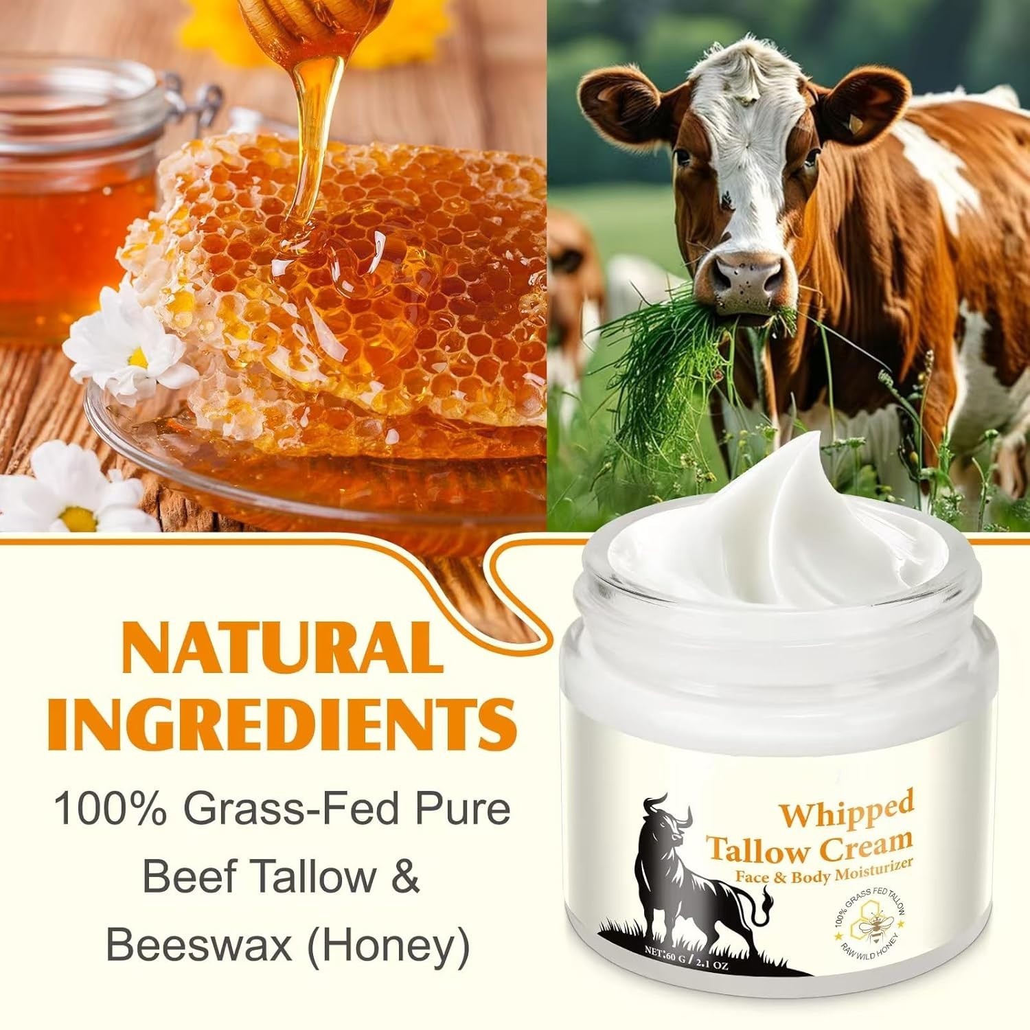 Beef Tallow Honey Balm Face Body Moisturizer Grass Fed Skin Care 2oz