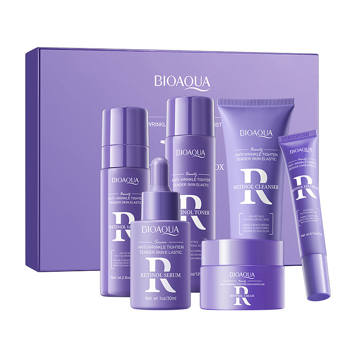 Bioaqua Retinol 6pcs Set Face Skin Care Smooth 100g+120ml+20g+30ml+80ml+60g