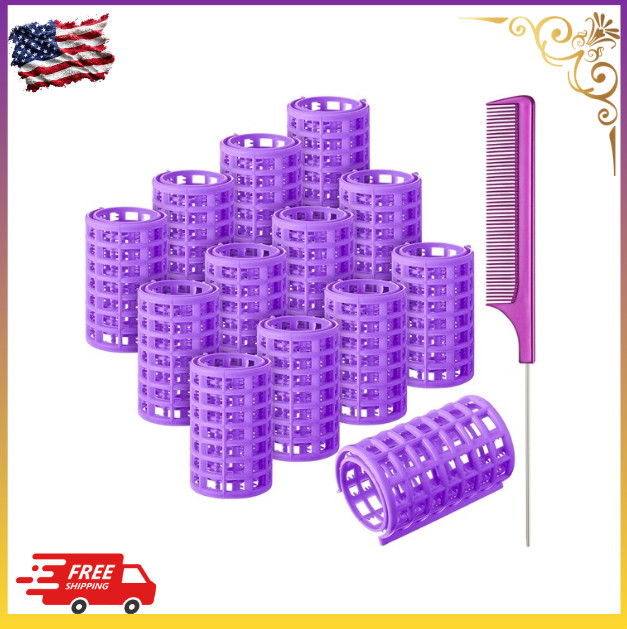 12 Pcs Plastic Hair Rollers | Large Snap Curlers + Comb Purple