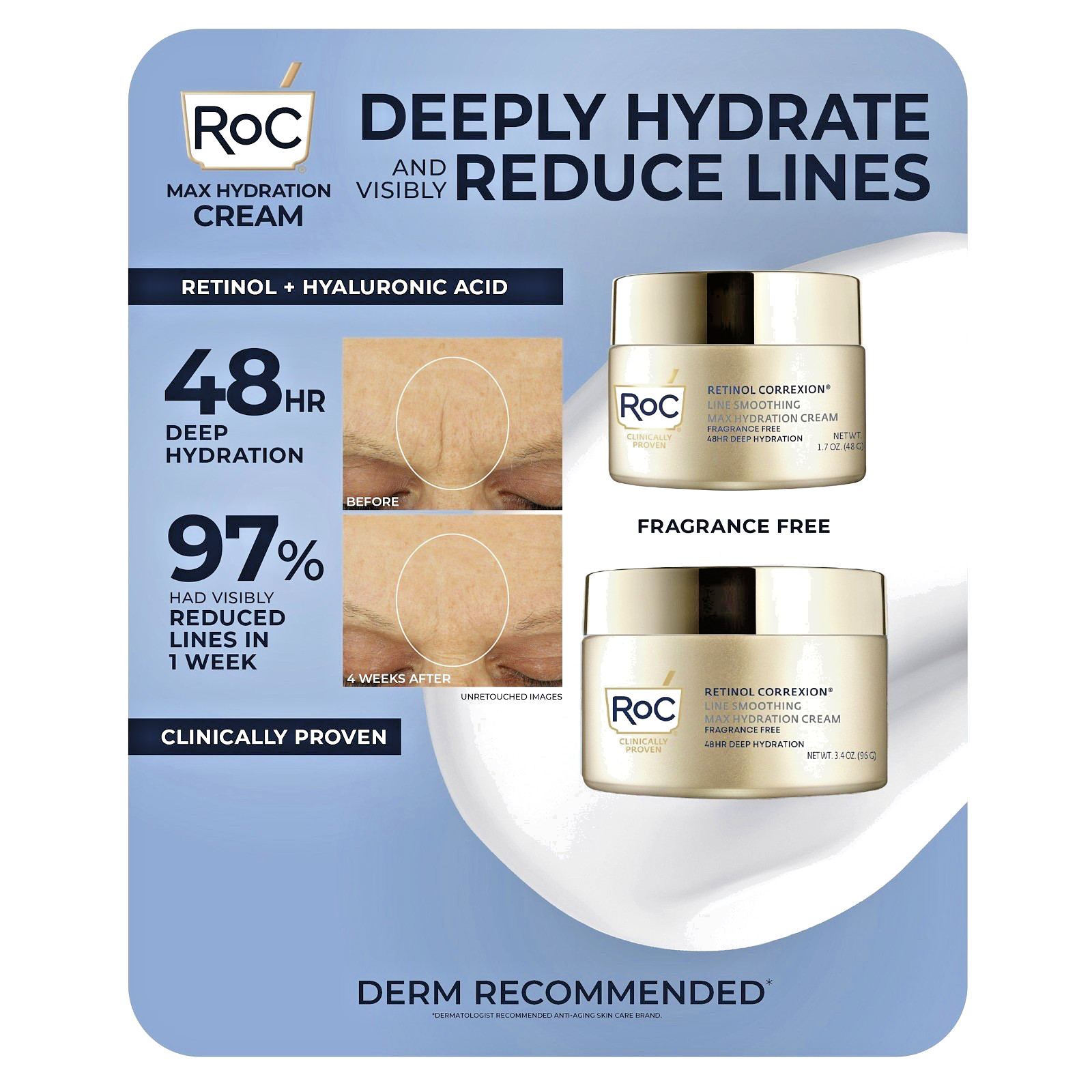 2 PK. ROC Retinol Correxion Line Smoothing Max Hydration Cream, 3.4Oz & 1.7 Oz