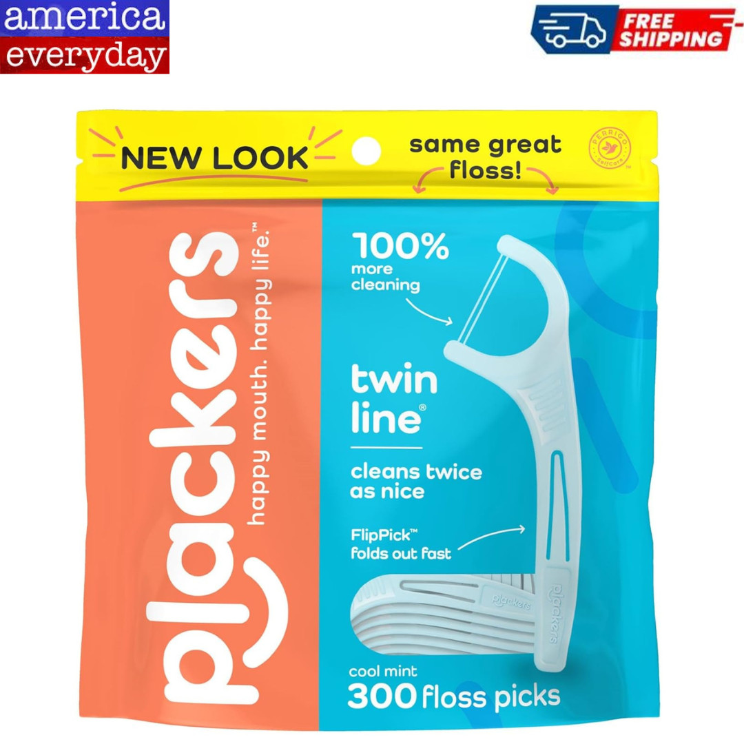Plackers Twin-Line Dental Flossers, Cool Mint Flavor, 300 Count (Pack of 1)