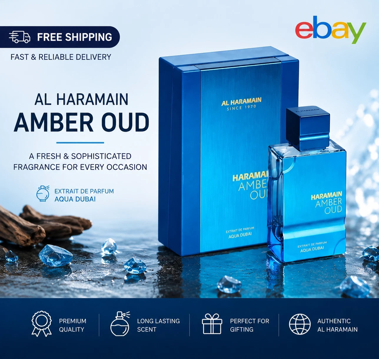 Al Haramain Amber Oud Aqua Dubai Eau de Cologne Unisex 2.0 oz Long Lasting Perfu
