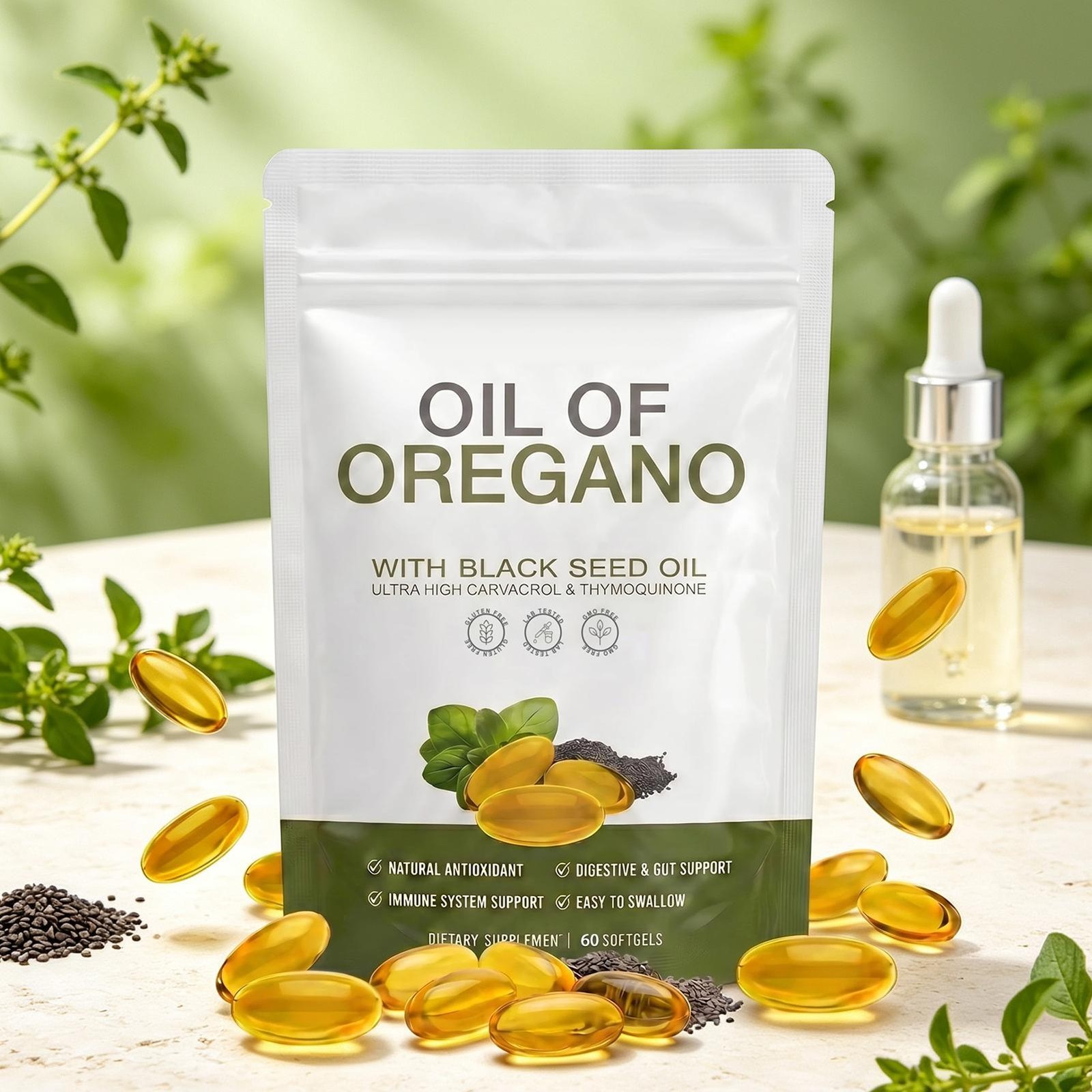 60 Capsules High Potency Oregano Oil & Black Seed Oil Softgels