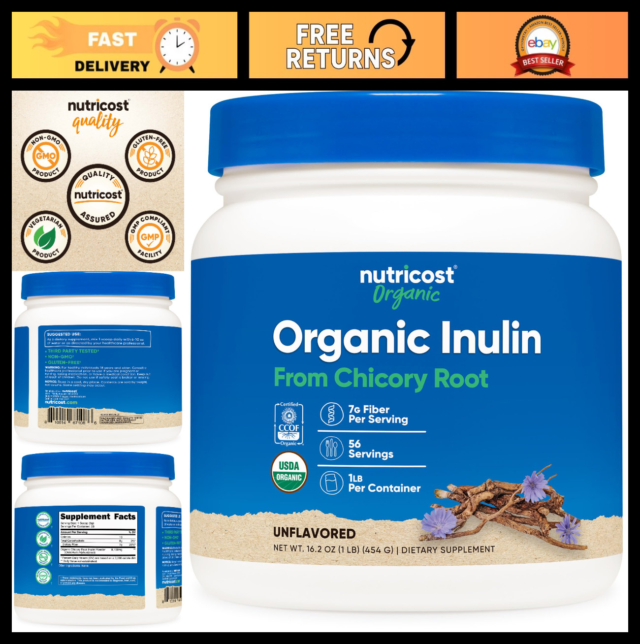 Organic Inulin Powder 1LB – USDA Certified, 7g Fiber from Chicory Root, Vegan