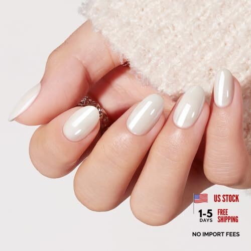 Press on Nails Short, Summer Oval Fake Nails, Reusable Nail D2-Chrome White