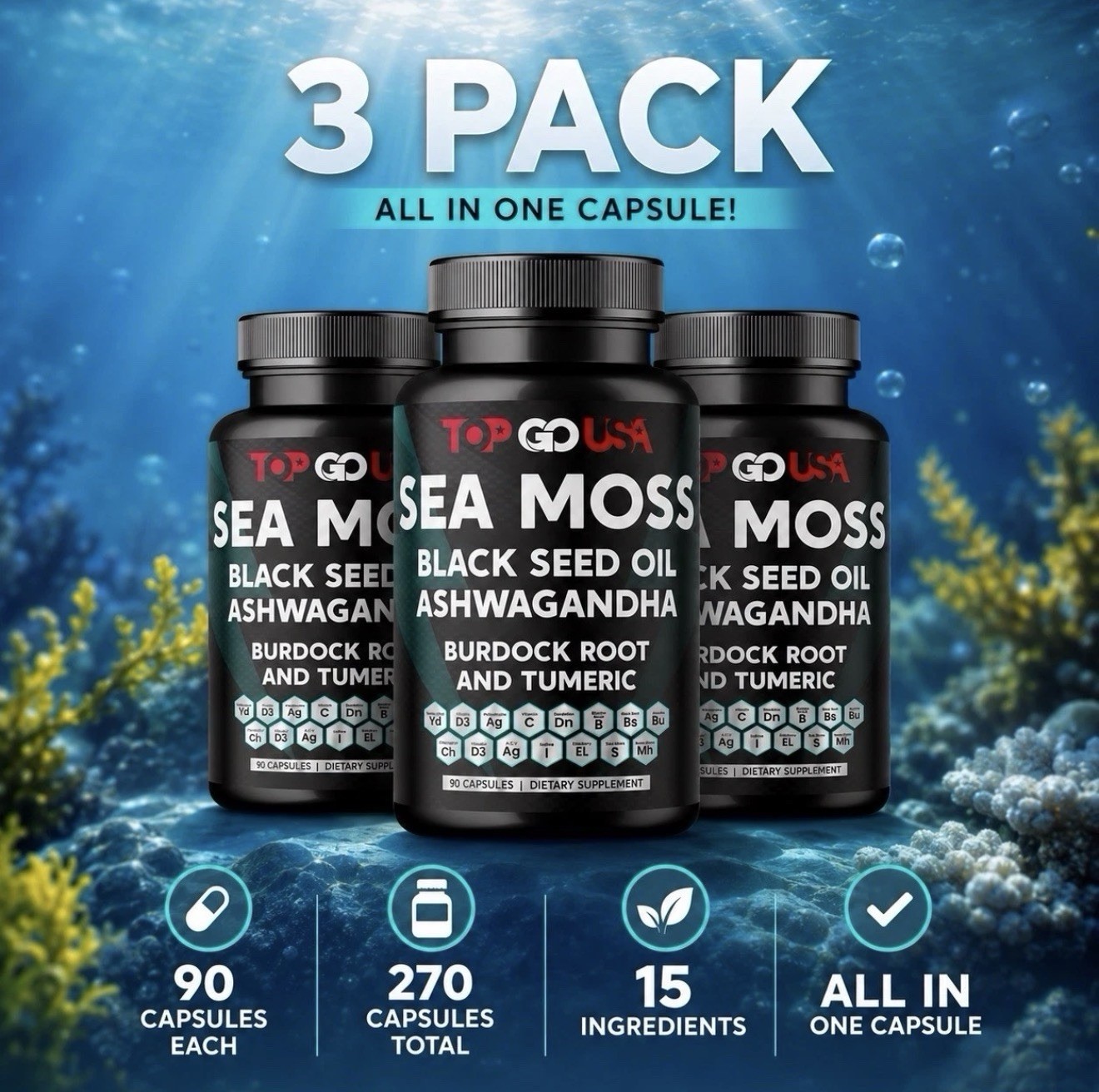 3 Pack Sea Moss Black Seed Oil Ashwagandha Burdock Root Turmeric 270 Capsules