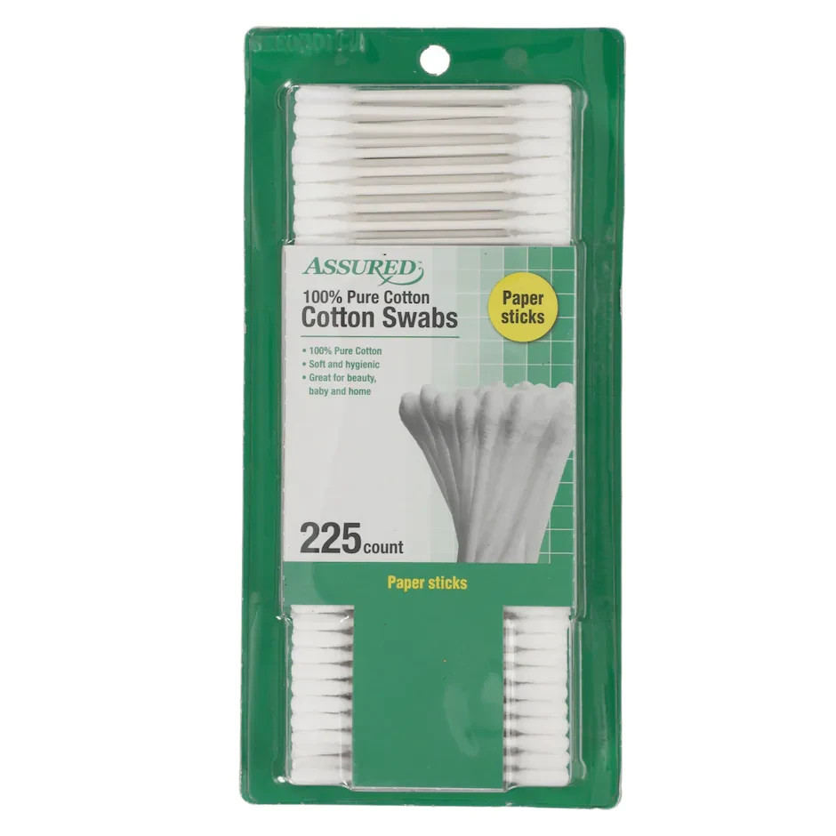 Assured 100% Pure Cotton Rounded Tip Swabs 225 Count Soft Hygienic Paper Sticks