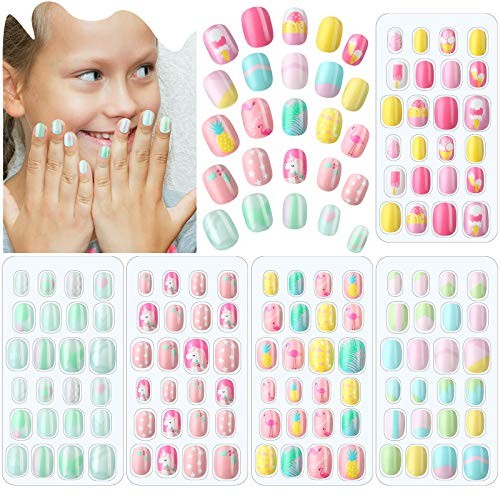120 Pieces Kids Press on Nails Children Fake Artificial Nails Bright Summer