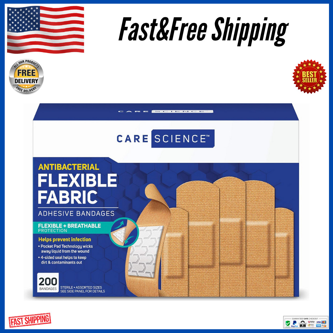 Care Science Fabric Adhesive Bandages, 200 Ct Bulk Assorted Sizes | Flexible + B