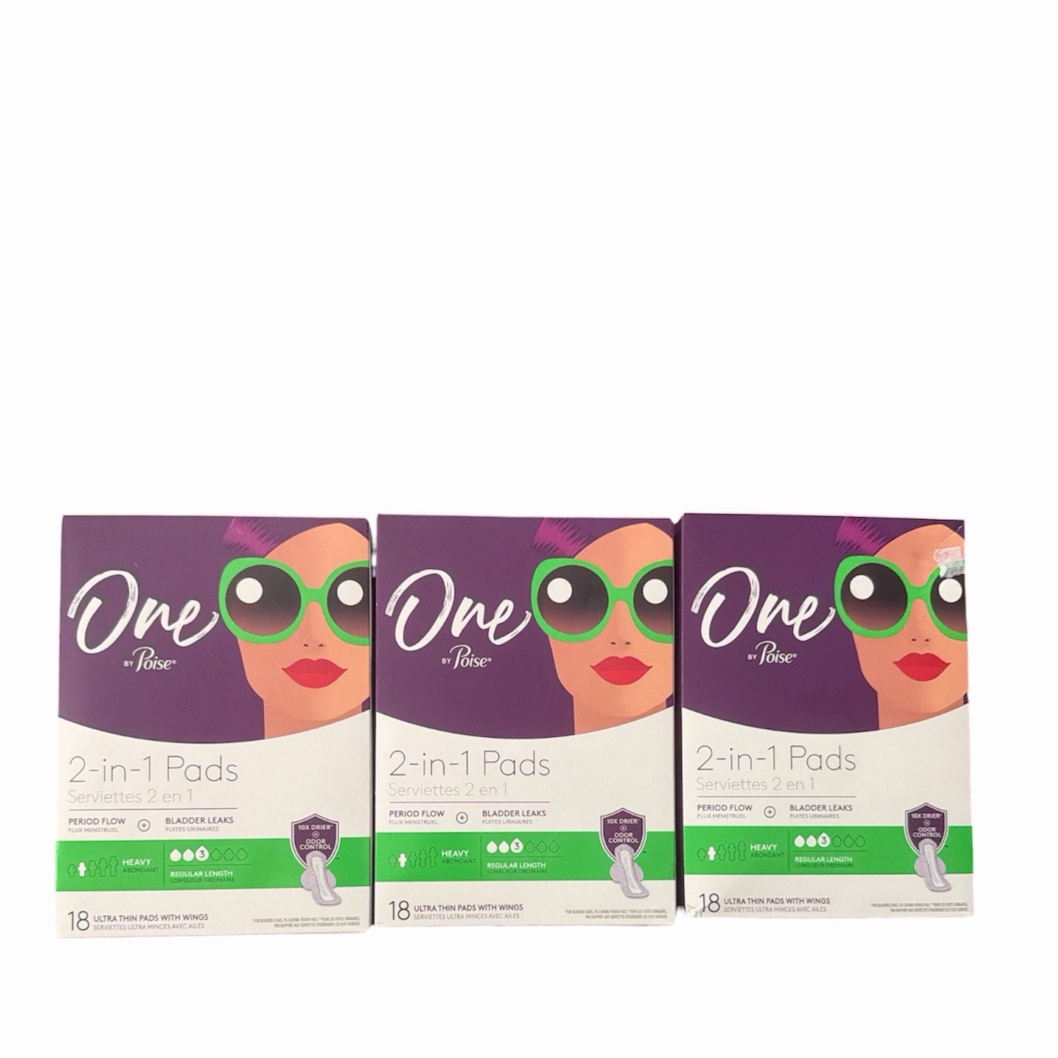 3 Pack ONE BY POISE 2 IN 1 PADS HEAVY 3 ULTRA THIN w. WINGS 18 PADS EACH