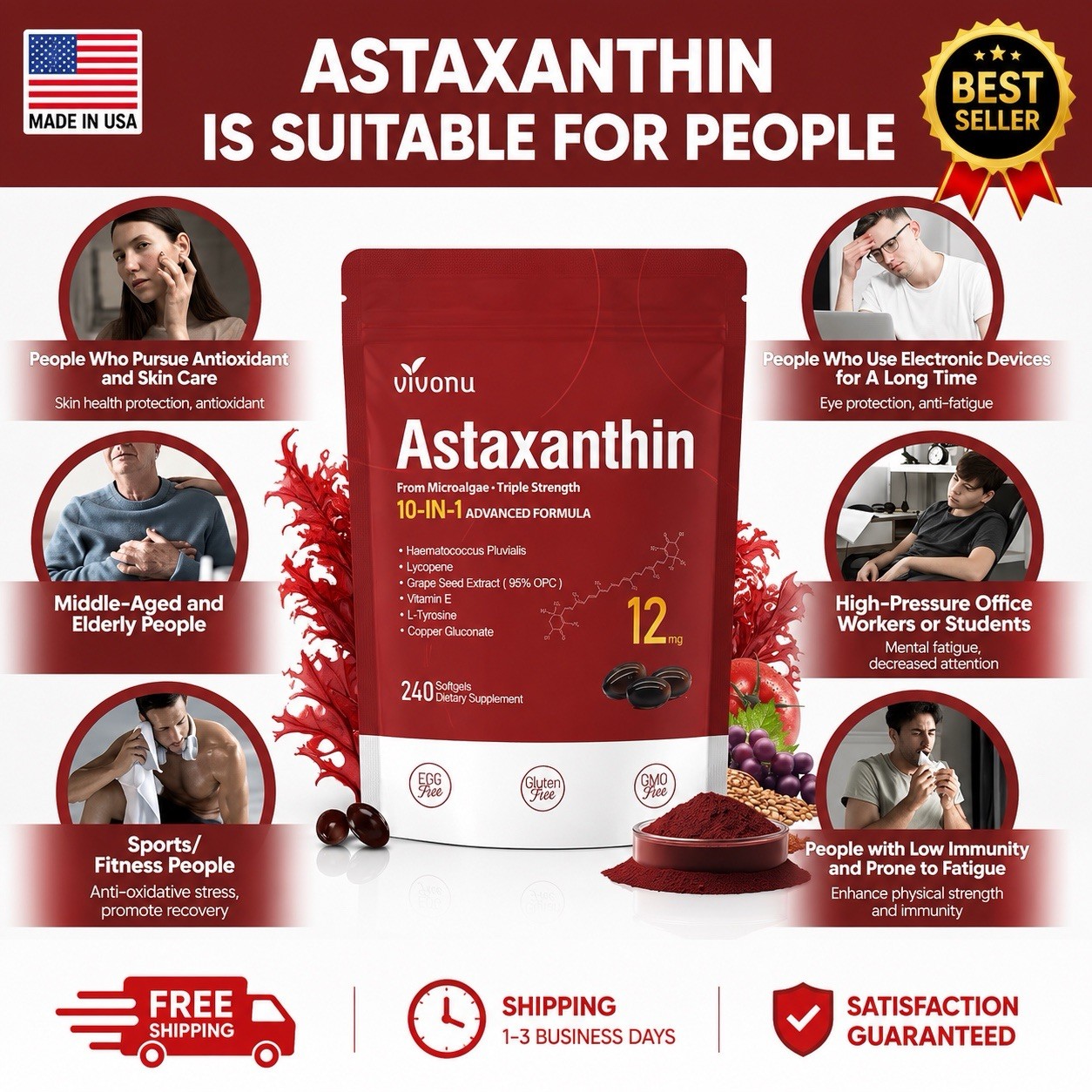 Astaxanthin 12mg 240 Softgels, 4 Month Supply,Triple Strength,Non-GMO,Eye Health