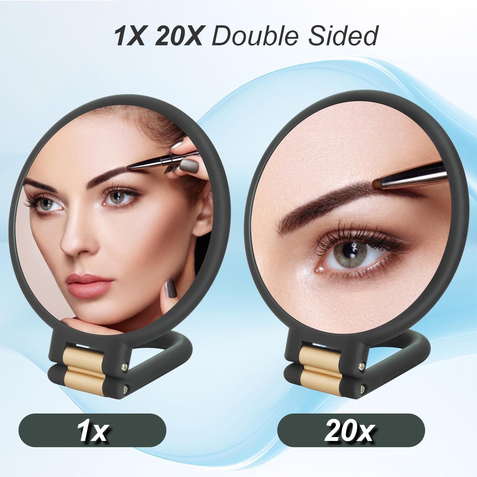 1x 20x Magnifying Travel Mirror, Hand Mirror with Handle – Double Side Hand Held