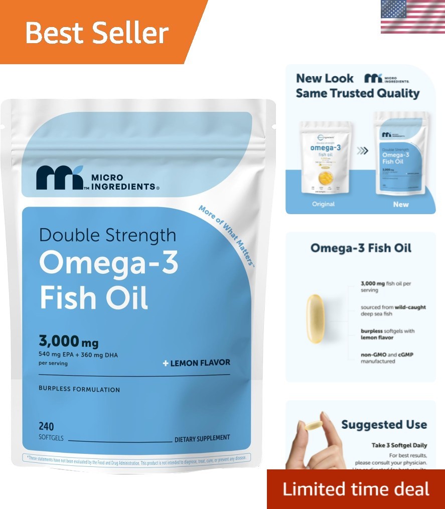 Omega 3 Fish Oil Supplements 3,000mg Per Serving, 240 Softgels | Lemon Flavor…