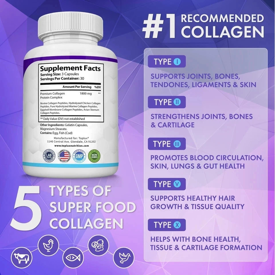 Toplux 5-Type Collagen Peptides 1800mg 90 Caps for Skin Joint Health