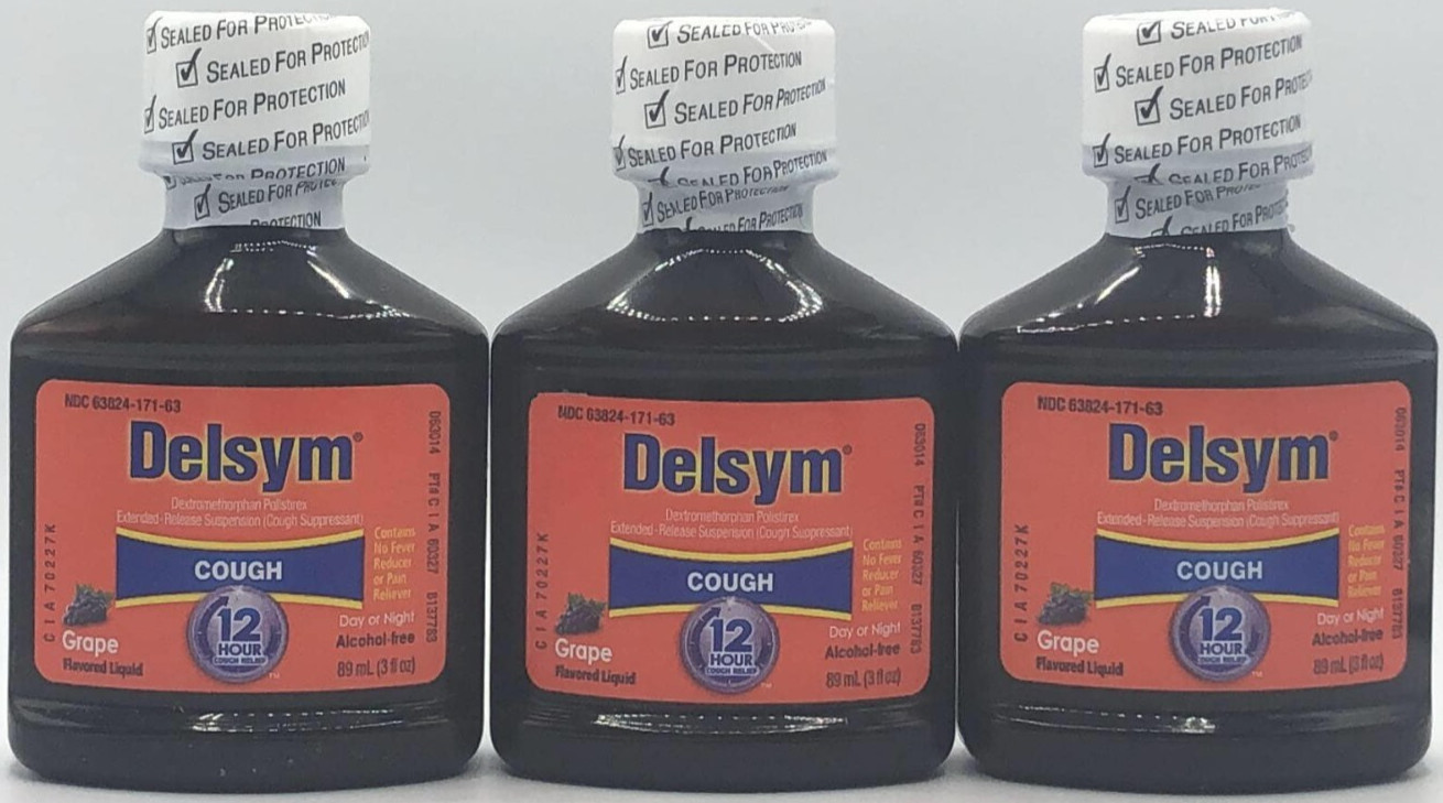 3PK Delsym Cough ~ 3 Fl Oz Each ~ Grape FLVR~ EXP 5/26 ~ FAST SHIP ~ SEALED
