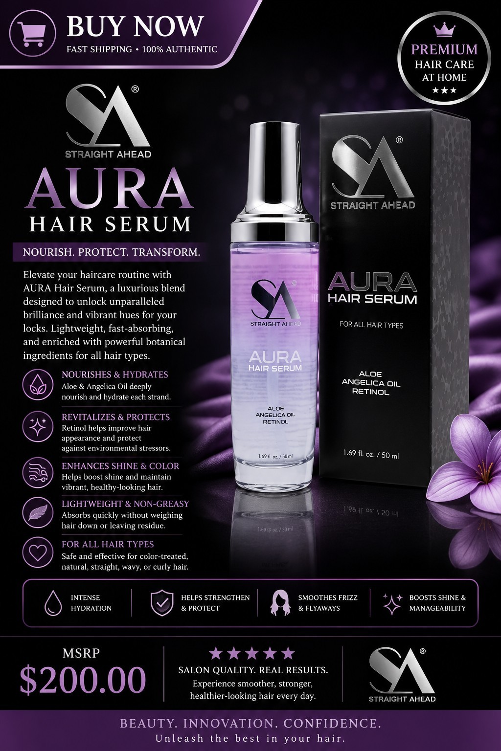 Straight Ahead Aura Hair Serum Aloe Angelica Oil Retinol 1.69 fl oz