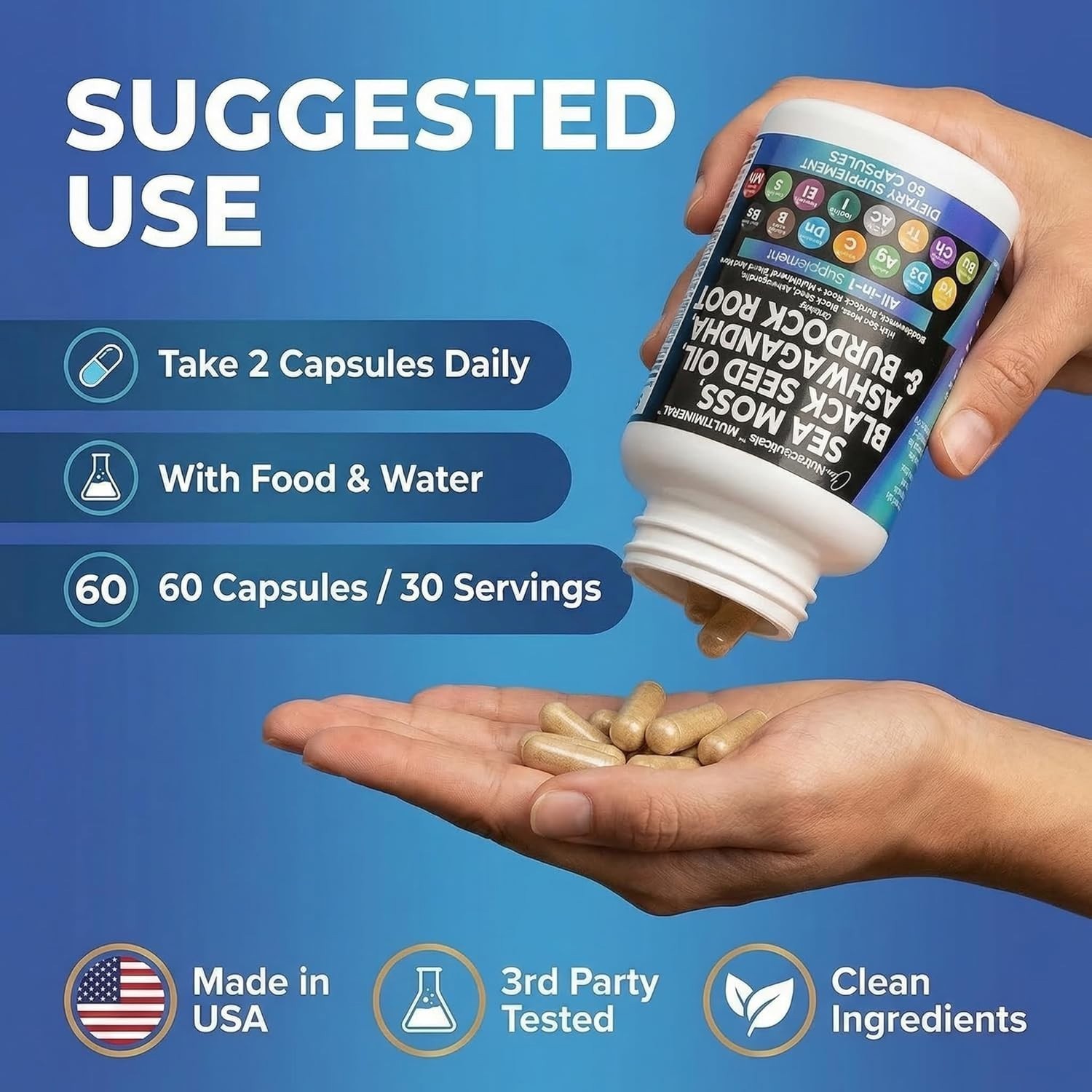 Clean Nutraceuticals Sea Moss Blend Black Seed Ashwagandha Vitamins 60 Caps