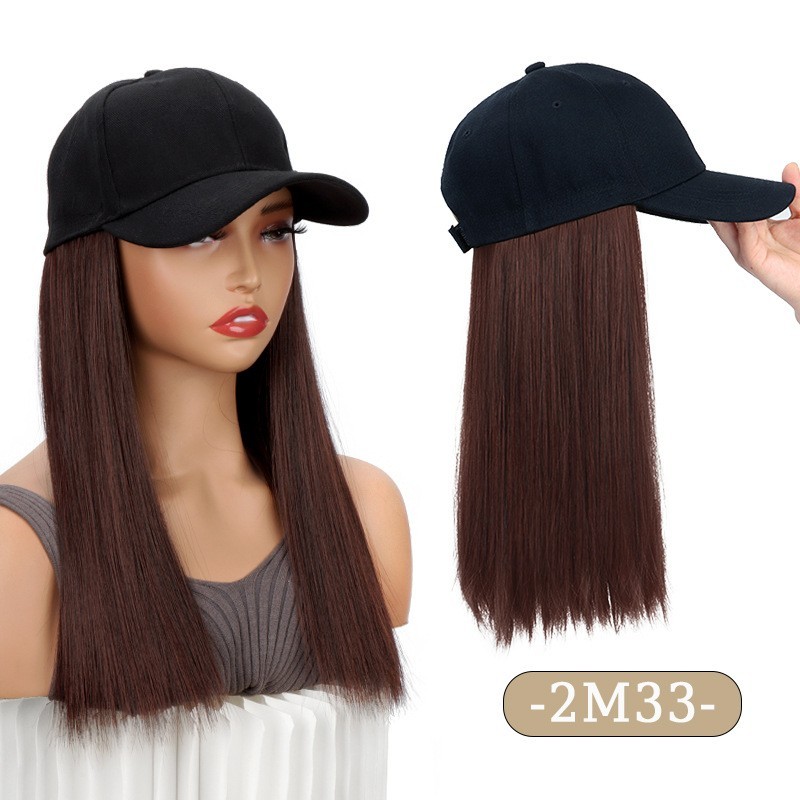 Baseball Cap Wig Long Straight Synthetic Hair Attached Hat for Women Heat Resist