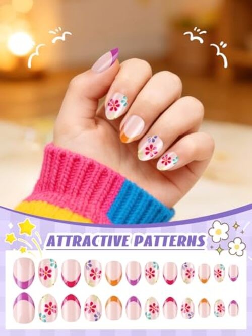 Press On Nails for Girls, 3 Style Press On Nails for Kids Almond Fake Nail